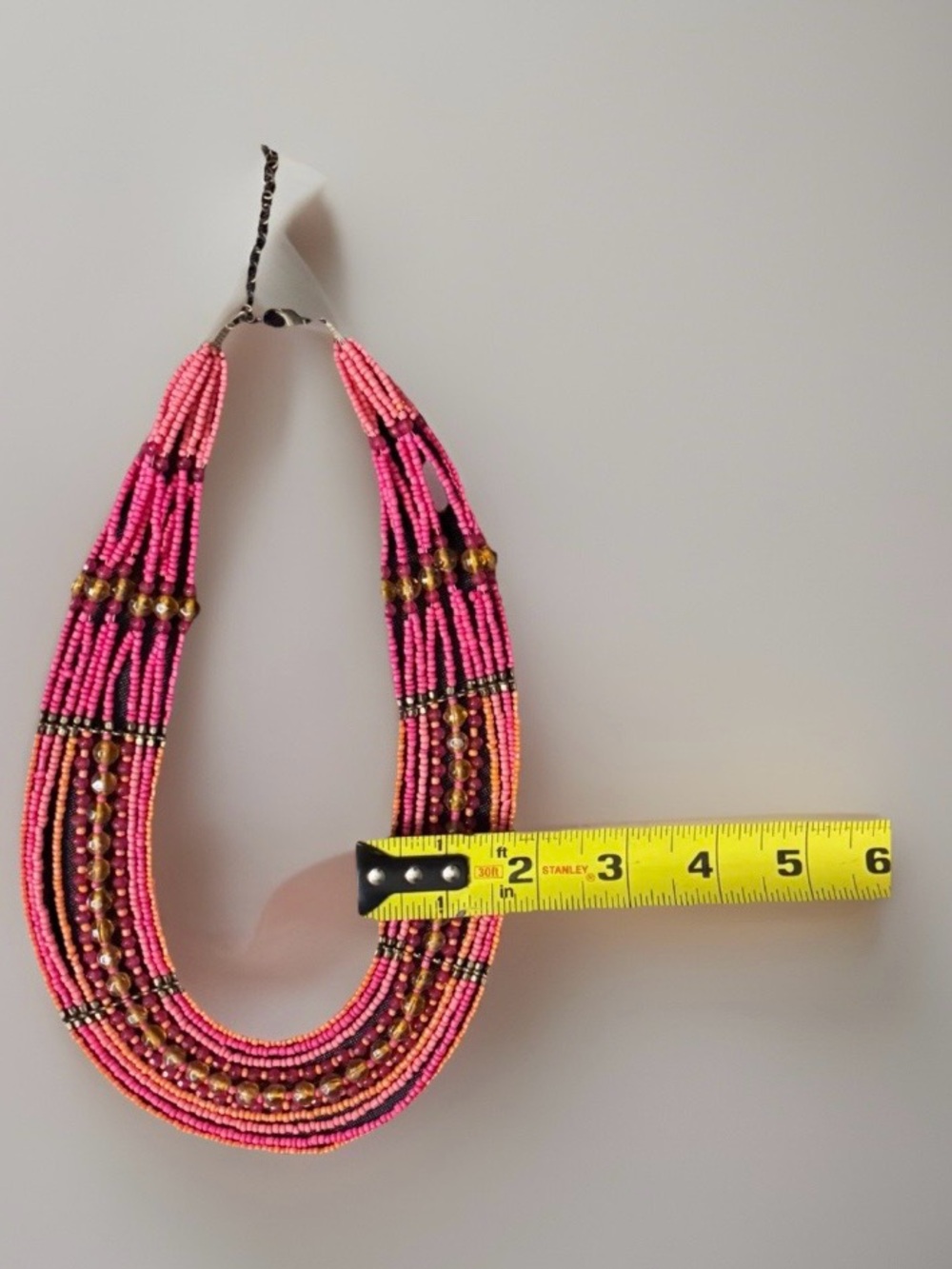 Boho Ethnic Multi Layer Seed Bead Necklace Pink Orange Gold Tone Statement Bib. - Picture 3 of 7